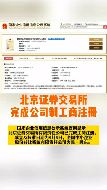 北京,北京证券交易所完成公司制工商注册,为徐明,注册资本10亿元人民币